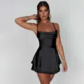 Women black satin cami dress sexy backless tiered mini dress for summer party club wear - S / Dresses / Black