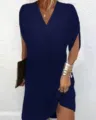 Dark blue V-neck pleated batwing sleeve dress detail showcasing elegant drape and stylish design. - S / Navy Blue