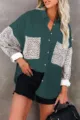 Women Leopard Patchwork Corduroy Long Sleeve Button Down Shirt Jacket Casual Outerwear - S / Tops / Green