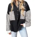 Women fashion leopard print corduroy shirt casual long sleeve button jacket top - S / Tops / Black