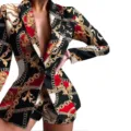 Women baroque chain print blazer and shorts set, stylish fashion two piece outfit for work. - S / Black and Red Print
