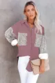Women's Corduroy Leopard Patchwork Button Down Long Sleeve Shirt Casual Lapel Jacket Pink - S / Tops / Pink