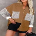 Brown corduroy long sleeve shirt with leopard print sleeves and pockets for women. - S / Tops / Brown