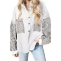 Women fall winter corduroy leopard print long sleeve button down casual shirt jacket - S / Tops / Off White