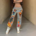Streetwear graphic print fleece casual pants high waist loose fit trendy trousers for women. - S / Gray