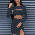 Women two piece long sleeve cutout crop top side slit mini skirt ribbed outfit set - S / Navy Blue