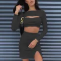 Dark grey two piece set women long sleeve crop top and front slit midi skirt outfit - Black