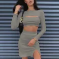 Sexy two piece grey long sleeve crop top and split skirt outfit for women trendy party wear - S / Gray
