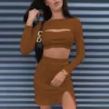 Sexy two piece outfit long sleeve cutout crop top front slit mini skirt brown set for women - S / Brown