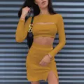 Women's yellow two piece crop top and split midi skirt fashion clothing set for summer. - Turmeric