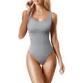 Grey ribbed scoop neck sleeveless bodysuit detail view, comfortable stretch fabric for daily wear. - S / Gray