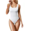 Detailed view of the women white ribbed scoop neck sleeveless slim fit basic bodysuit. - S / White