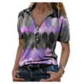 Women plus size short sleeve v-neck geometric print zip up top casual summer t-shirt - S / Purple