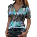 Plus size women summer short sleeve V-neck zip up top geometric color block casual t-shirt - S / Blue