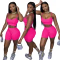 Hot pink crop tank top and biker shorts two piece set for women summer casual activewear. - Rose Red
