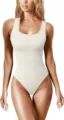Close-up of women's ribbed tank bodysuit detail, sleeveless scoop neck design texture view. - Off White