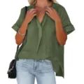 Women Summer Casual V-Neck Short Sleeve Loose Fit Solid Color Blouse Top Trendy - S / Green