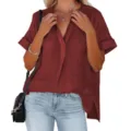 Casual summer women short sleeve V-neck loose blouse shirt top for daily wear and office. - Burgundy