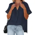 Women Summer Short Sleeve V-Neck Loose Casual Shirt in Dark Blue, Stylish Apparel - Navy Blue