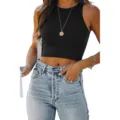 Women Summer Solid Color Round Neck Sleeveless Crop Tank Top Casual Basic Slim Fit Tee - S / Tops / Black