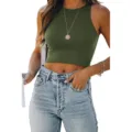 Women summer solid color sleeveless crewneck crop top casual basic army green tank top - S / Tops / Green