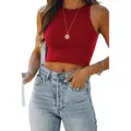 Women Summer Solid Color Sleeveless Round Neck Crop Tank Top Casual Slim Fit Vest - S / Tops / Red