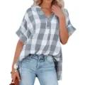 Women Summer Short Sleeve V-Neck Black and White Plaid Loose Casual Blouse Shirt Top - Plaid