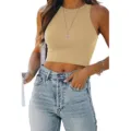 Women summer solid color sleeveless round neck crop tank top casual basic t-shirt - Khaki