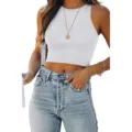 Women solid color sleeveless racerback crop tank top casual summer basic slim fit t-shirt - White