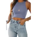 Women's Solid Color Crew Neck Sleeveless Crop Top Tank Top in Blue, Summer Casual Style. - Light Blue