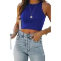 Women Solid Color Sleeveless Crewneck Crop Tank Top Royal Blue Summer Casual Basic Shirt - Blue