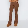 Women brown low waist flare pants set with long sleeve crop top fashion casual trousers - XS / Brown
