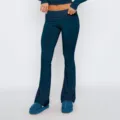 Dames flare broek set lage taille effen kleur elastische casual broek outfit - XS / Donkerblauw