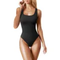 Women black ribbed sleeveless scoop neck bodysuit slim fit casual basic tank top. - S / Tops / Black