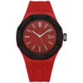 Fashion quartz watch with vibrant red silicone strap, bold octagonal bezel and textured dial. - Red