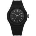 Black octagonal quartz wristwatch with silicone strap, textured dial and trendy style for daily wear. - Black