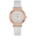 Women's quartz fashion watch with white strap rose gold case and sparkling crystal rhinestones. - White