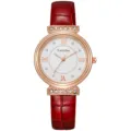 Elegant women quartz watch with red leather strap rose gold case and crystal markers - Red