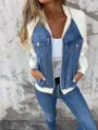 Detailed view of women's chic color block denim fleece bomber jacket with front zipper and pockets. - S / Blue