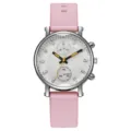 Close-up detail of the pink silicone strap women quartz watch with white crystal dial. - Pink
