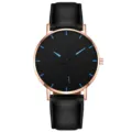 Minimalist mens quartz watch with black dial rose gold case and black leather strap. - Rose Gold Blue Dial Black Strap