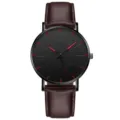 Herren Quarzarmbanduhr mit braunem Lederarmband und schwarzem Zifferblatt mit roten Akzenten. - Schwarz-rotes Zifferblatt braunes Armband