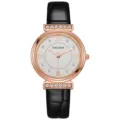 Women quartz fashion watch with black leather strap rose gold crystal bezel and white dial - Black