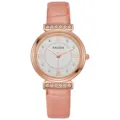 Women quartz watch detail featuring pink leather strap, rose gold case and sparkling rhinestones. - Pink