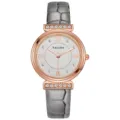 Detail view of women quartz watch with grey strap rose gold case and rhinestone lugs. - Gray