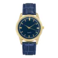 Men's quartz watch featuring a gold-toned case, deep blue dial, and blue leather strap. - Gold Case Blue Dial Blue Strap