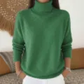 Women green turtleneck knit sweater detail, cozy long sleeve solid pullover knitwear. - S / Green
