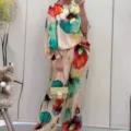 Elegant floral satin matching set featuring a loose boat neck top and wide-leg trousers. - S / Top And Bottom / Green