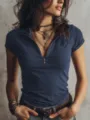 Women's knit zip collar short sleeve top summer casual slim fit fashion apparel daily wear. - S / Blue
