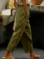 Pantalon decontracte femme en coton et lin boutons olive vert vue detaillee tendance - Vert Militaire